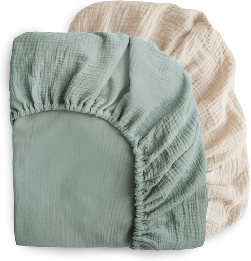 2-Pack 192 Count 28"x 52" mushie Extra Soft Muslin Fitted Crib Sheet | Thread | (Roman Green/Fog)