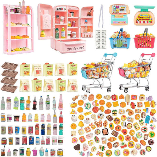 180 Pcs Dollhouse Miniature Kitchen Accessories Shopping Cart Basket Mini Food Drinks