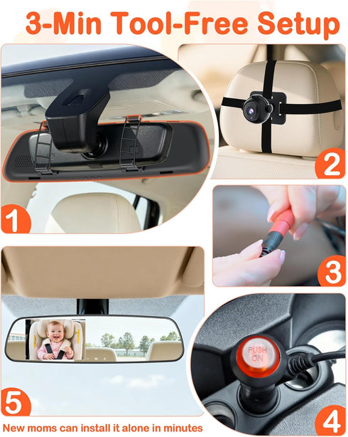 pemacom 4.3-inch Baby Car Mirror Camera: Dash-Free HD Clear Night Vision Wide Angle View for Infant Backseat Monitoring