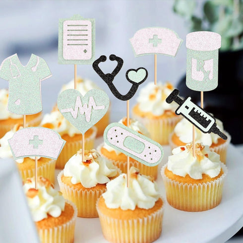 24Pcs Glitter Green Nurse Cupcake Toppers Nurse Tools Cupcake Picks for Nursing School Graduation Cupcake Decors