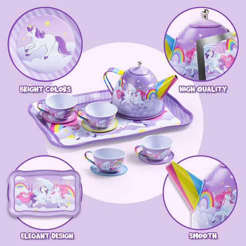 JOYIN Unicorn Tea Party Set, Pretend Purple Tin Teapot Set for Little Girls, Birthday Gift for Ages 3-6