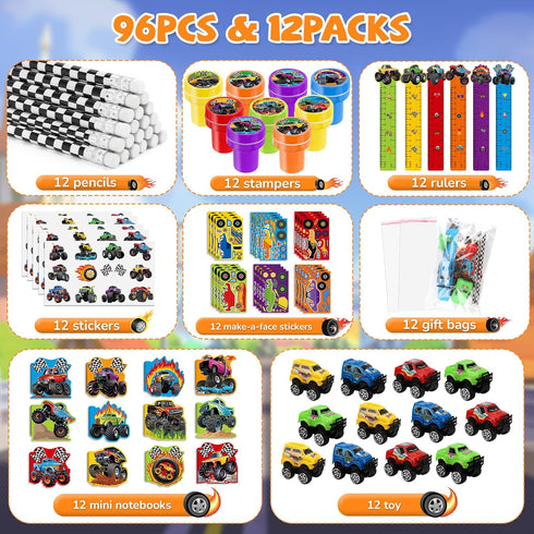 96Pcs Set BenLouis Monster Truck Party Favors Truck Car Birthday Stampers Stickers School Stationery Bulk for Kids