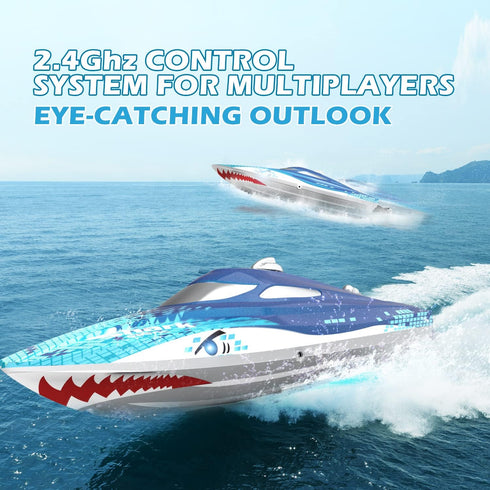 20+ 2.4GHz DEERC High-Speed RC Boat for Kids & Adults, MPH Full Proportional Remote Control Shark Boat with LED Lights