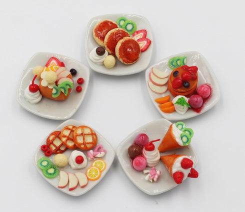 Miniature Dessert Plate Set 5 Assorted Handmade Clay Treats with Pancakes Waffles Ice Cream on 1-Inch Ceramic Plates