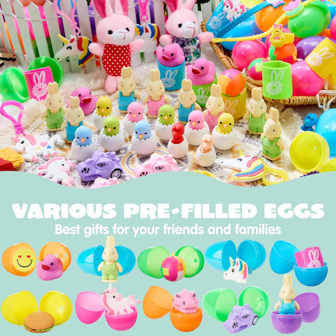 100 JOYIN Pcs Prefilled Easter Eggs with Toys Plus Stickers, Filled with Toys Party Favors for Kids Boys Girls Easter