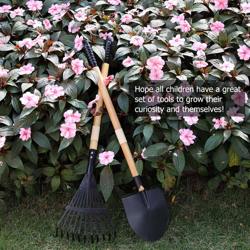Set, 2-Piece 28 Inch Kids Garden Tool Rake and Shovel with Wooden Handles, Long, Black Metal Gardening Tools for Boys