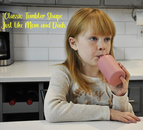 Silicone Kids Cups with Straws - Set of 2, Unbreakable Training Cup for Babies and Toddlers, 6oz, (Rose Pink/Stone Grey)
