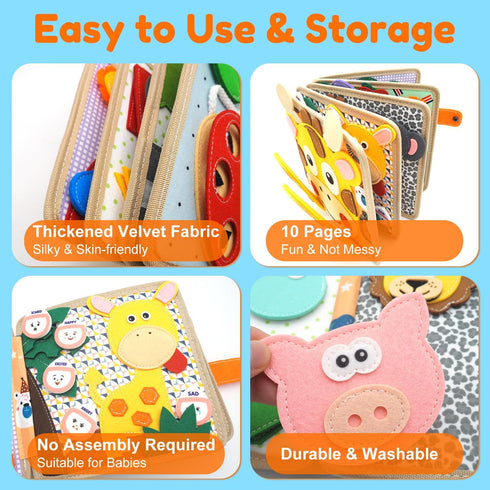 1-3, 1 Busy Book for Toddlers Felt Animals Busy Board for Year Old Montessori Toys, Peekaboo Quiet Book, Airplane