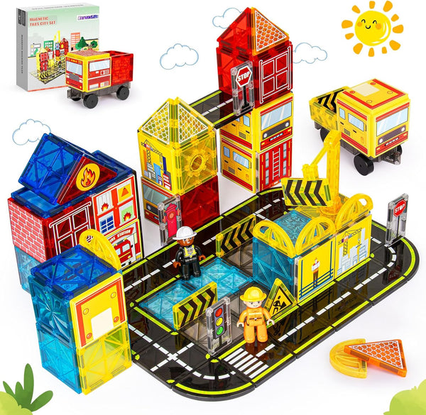 Magnetic Tiles Road Set with Fire Trucks & 2 Dolls, Double-Sided Magnet