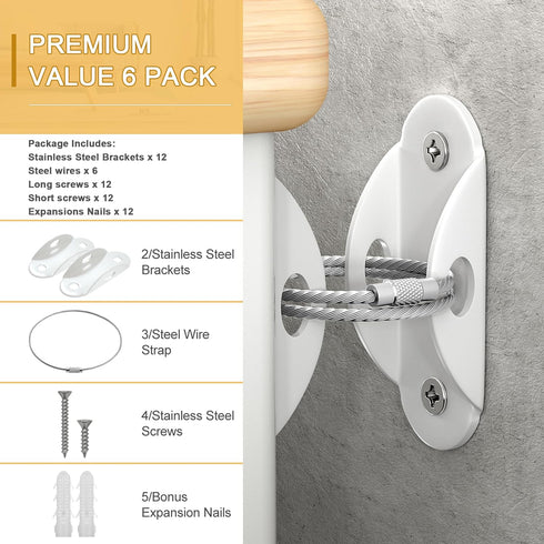 Furniture Anchors (6 Pack) for Baby Proofing, Anti Tip Furniture Straps, Securing 400 lbs, Metal White Earthquake Straps
