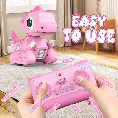 2.4GHZ 3-5, Remote Control Car, Remote Control Pink Dinosaur Toys for Kids Recording and Repeating LED Lights Eyes