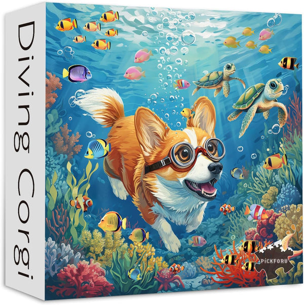 PICKFORU Dog Puzzles for Adults, 1000 Pieces and up, Ocean Puzzles, Funny Puppy Collection Corgi Sea Turtle Fish Decor