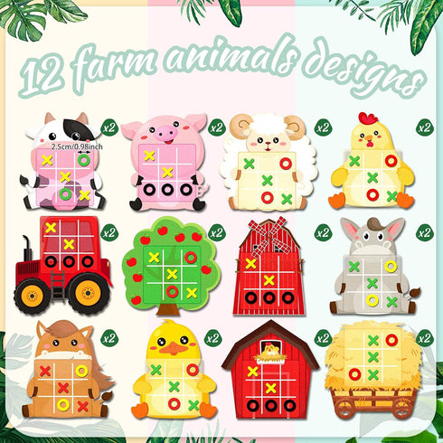 24 Pack Farm Animals Tic Tac Toe Board Game, Felt Barnyard Party Favors for Farm Themed Supplies