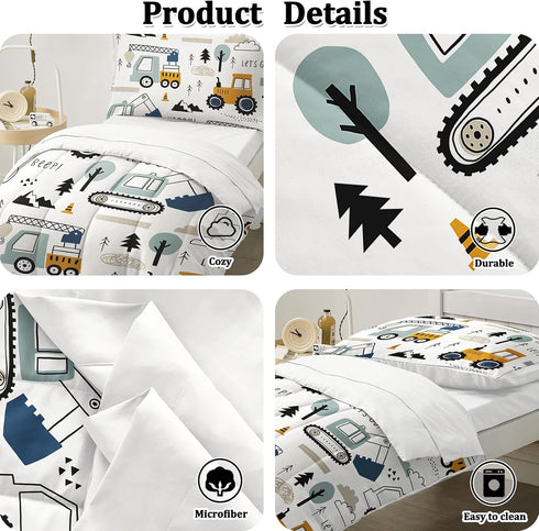Set 4-Piece Set Toddler Bedding for Boys - Truck Bedding Comforter for Kids, Soft Comfort Construction Vehicle Bedding
