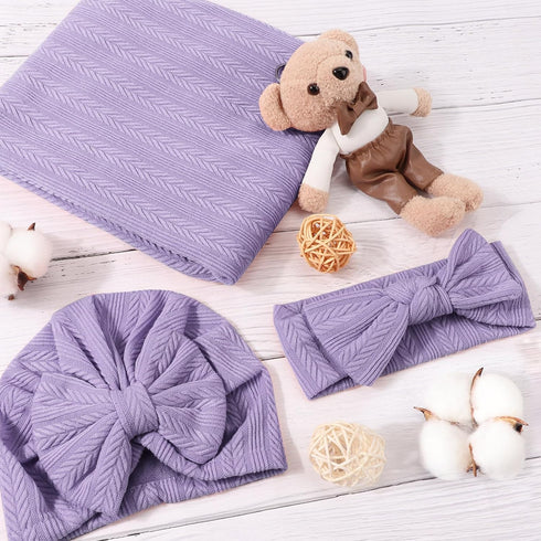 DRESHOW BQUBO Newborn Receiving Blanket with Matching Bow Hat and Headband Shower Gift for Toddler Girls