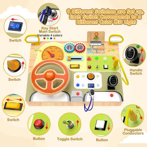 Montessori Toddler Toys - Baby Wooden Busy Board - Sensory Toys with Light Switch for Educational Activities for
