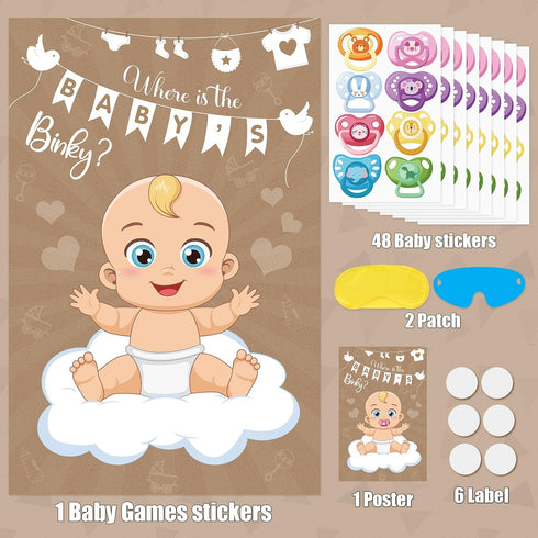 64 Pin The Pacifier On The Baby Game Baby Pacifier Games Poster with Pacifier Stickers for Baby Shower Party Favors