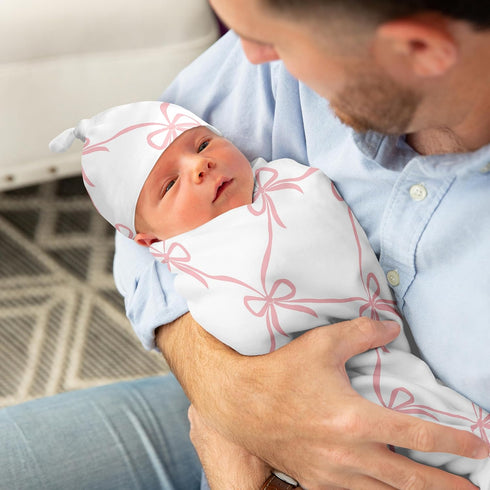 Set, Sweet Jojo Designs Baby Cocoon Swaddle & Beanie (Pink Bows) for Girls, Infant/Newborn Wearable Blanket Jersey