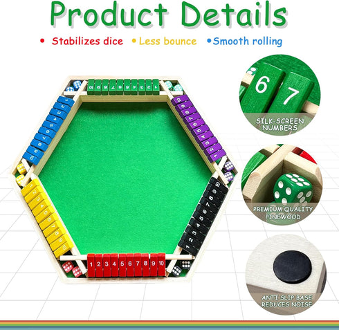 HENNAED 6-Player 1-10 Shut The Box Game Wooden Close The Box Math Game with Dice, Educational Family Board Game