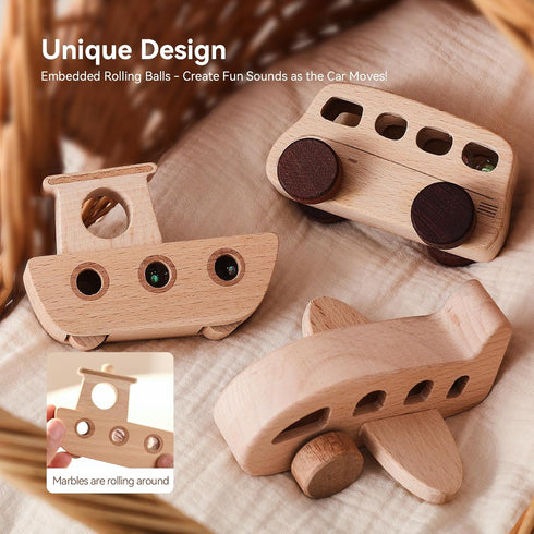 1-3, Set Wooden Cars for Toddlers Wooden Vehicles Baby Cars with Bus, Airplane and Boat, Montessori Rattle Toys