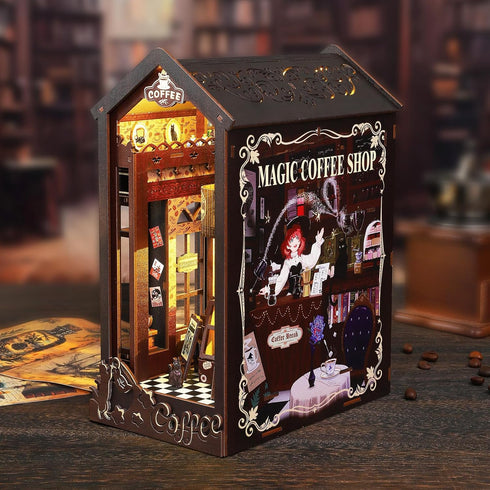 Set DIY Book Nook Kit, Miniature Dollhouse Bookshelf Insert with Light, Laser-Cut Wooden Craft for Adults, Perfect