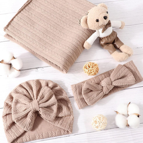 BQUBO Baby Swaddle Blankets for Girls, 4PCS Newborn Accessories Set with Matching Hat and Bow