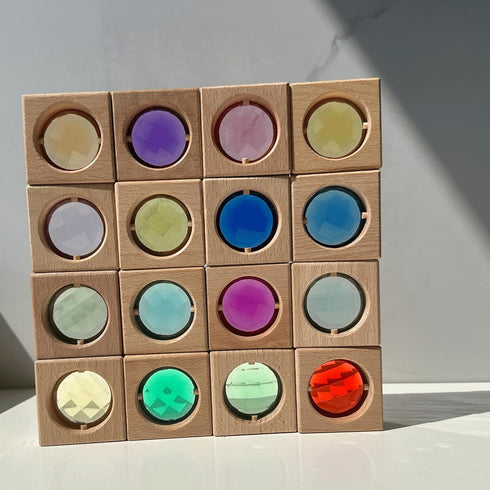 16PCS Acrylic Wooden Gem Blocks, Sparkling Colorful Wooden Stacking Toys, Montessori Educational Wooden Toys