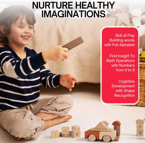 MOMOARI Set 86 6 3 Alphabet Number Early Math Wooden Building Blocks - Blocks in Shapes with Wooden Storage Tray.