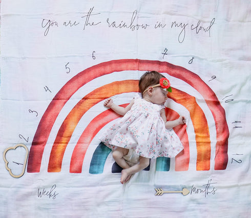100% Organic Cotton Muslin Monthly Baby Milestone Blanket with Wooden Hello World Newborn Sign, Rainbow Photography