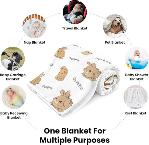 Novusopt Personalized Baby Blanket Custom Bunny Flannel Blanket with Name Sublimation Receiving Lightweight Girl Rabbit