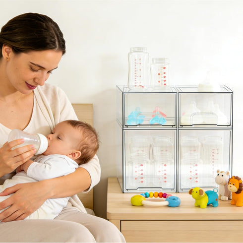 4 Pack Countertop Baby Bottle Organizer, Bottle Storage Organizer Baby with Labels, Clear Stackable Storage Drawers
