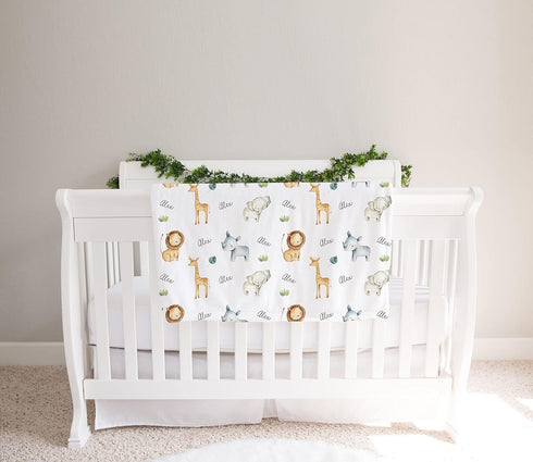 Stork Wares BB348 30*40 inch Safari Animals Personalized Unisex Baby Swaddle Blanket White