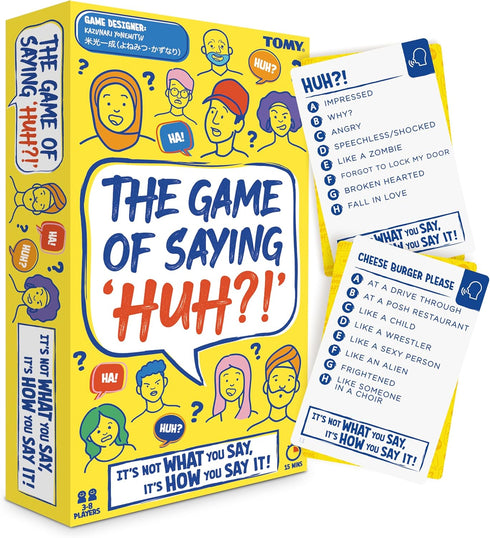 TOMY The Game of Saying 'Huh?!' | Voice Impressions Card Game for Family Fun, Ages 8+, 3-8 Players
