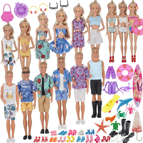 89Pcs Doll Clothes and Accessories for 12 Inch Boy Doll and 11.5 Inch Girl Doll, Seaside Wear Clothes and Shoes