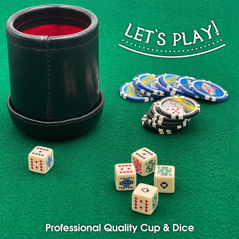 CHH SS-CQG-7815 Deluxe Leather Like Dice Cup, Black/Cream Color with 5 Poker Dice