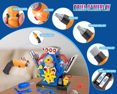 POFJOEQ V6 Kit60-Piece Playset 3-5 STEM New Engine Model Building Take Apart Toy with Realistic Lights & Sounds, Tools
