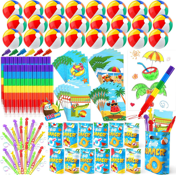 INNOCHEER Pool Party Favors, 120 PCS Goodie Bags Stuffers for Kids Summer Toys, Beach Balls, Crayons