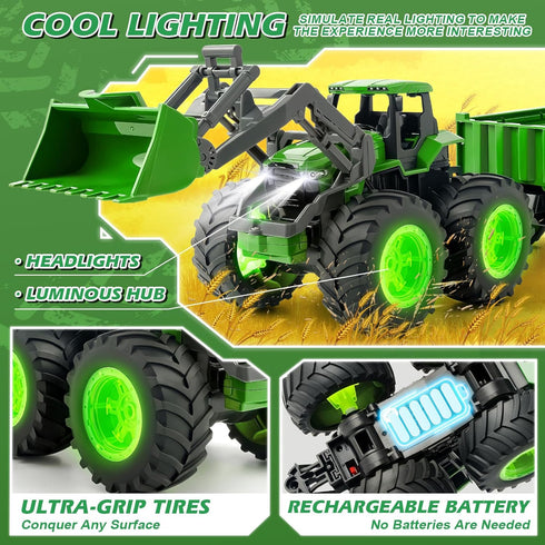 BAYSING Set Light/Loading/8 2.4 3 4 5 6 7 8 9 Remote Control Tractor Toy, Kids RC Tractor with Truck & Trailer