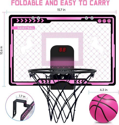 Mini Indoor Basketball Hoop with LED Light & Electronic Scoreboard, Over The Door Unicorn Toy Gifts for Kids