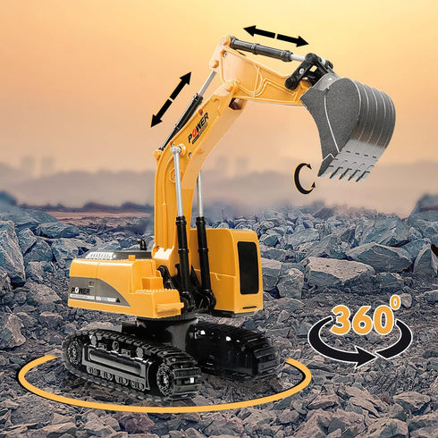Remote Control Excavator Toy - RC Construction Metal Shovel Digger with Lights Sounds, 360 Rotation for Ages 3-10