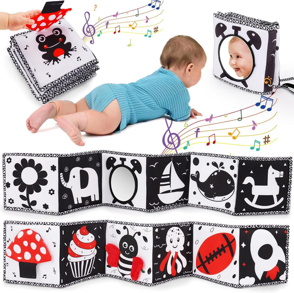 Black and White High Contrast Toys for Baby - Infant Tummy Time Soft Book, Sensory Musical Toy for Brain Development