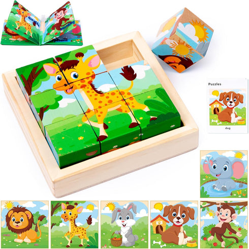 Wooden Animals Block Puzzles for Kids Ages 2-4 with Book, Educational Interactive Toys Gift for Boys and Girls