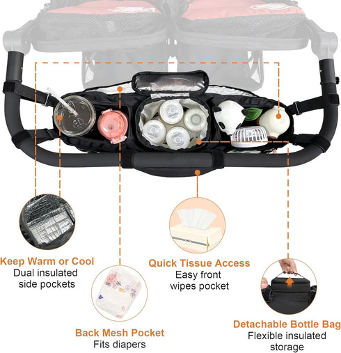 OVNTHYK GT2, 2 Double Stroller Organizer for Bob Duallie and Baby Jogger City Mini Double Jogging Stroller Caddy