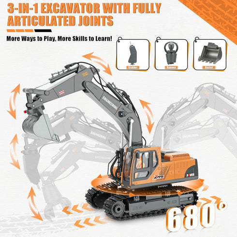 Dogern 3-12, 3-IN-1 2.4GHz 14 680Rotating, 2400mAh RC Excavator Toy for Boys Bucket/Claw/Drill, Channel Construction