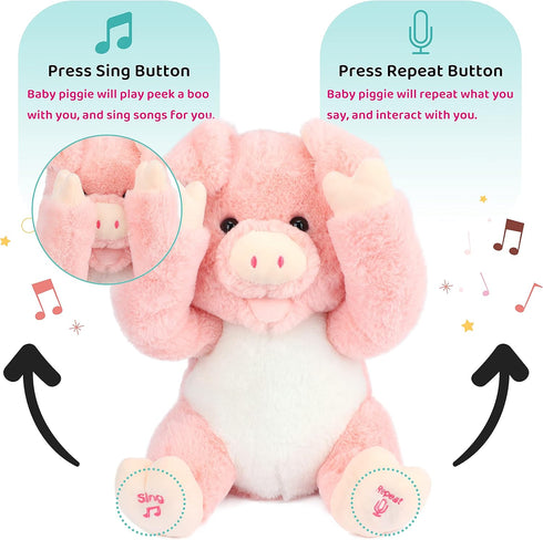 Cuteoy Peek A Boo Pig Plush Toy, Interactive Electric Stuffed Animal, Singing Talking Musical Gift, 11''