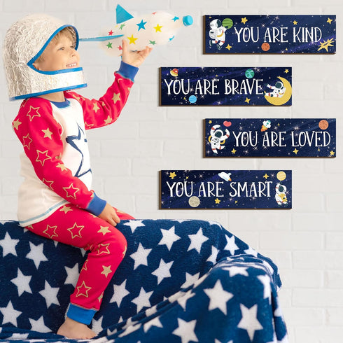 4 Yookeer Pcs Space Room Decor for Kids Boys Outer Space Wall Art Bedroom Decor for Nursery Classroom Astronaut Galaxy