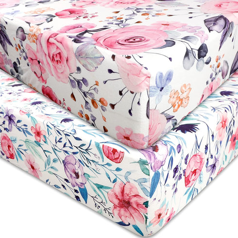 Floral Crib Sheets for Baby Girls 2 Pack, Fits Standard Nursery Crib