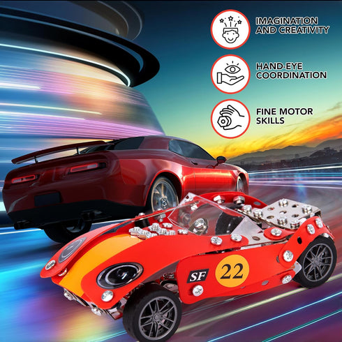 ArtCreativity Metal Model Car Building Kit, 230 PC 3D Car Model Kit for Boys, Red Vintage Toy Racecar