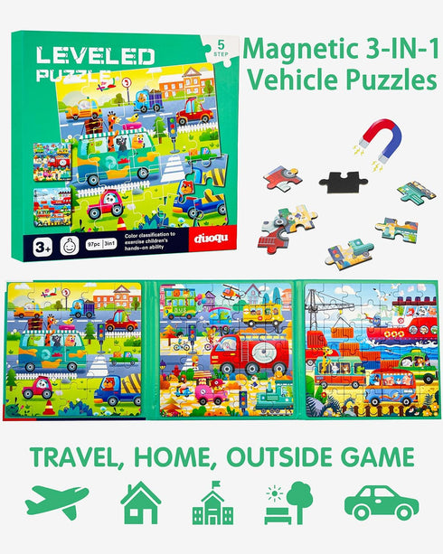 Magnetic Puzzles for Kids Ages 4-8, 3 in 1 Wooden Jigsaw Puzzles Book for Toddlers, Car Activities Toy for Girls 4-6, Learning Magnet Gift for Road Trip (Vehicle)