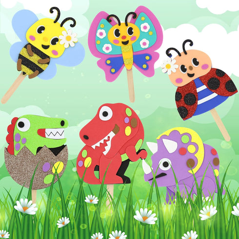 6 4+ VKPI Make Popstick Puppets Craft Kits for Kids, Foam Crafts, Story Time Toys for Ages Toddler, Dinosaurs